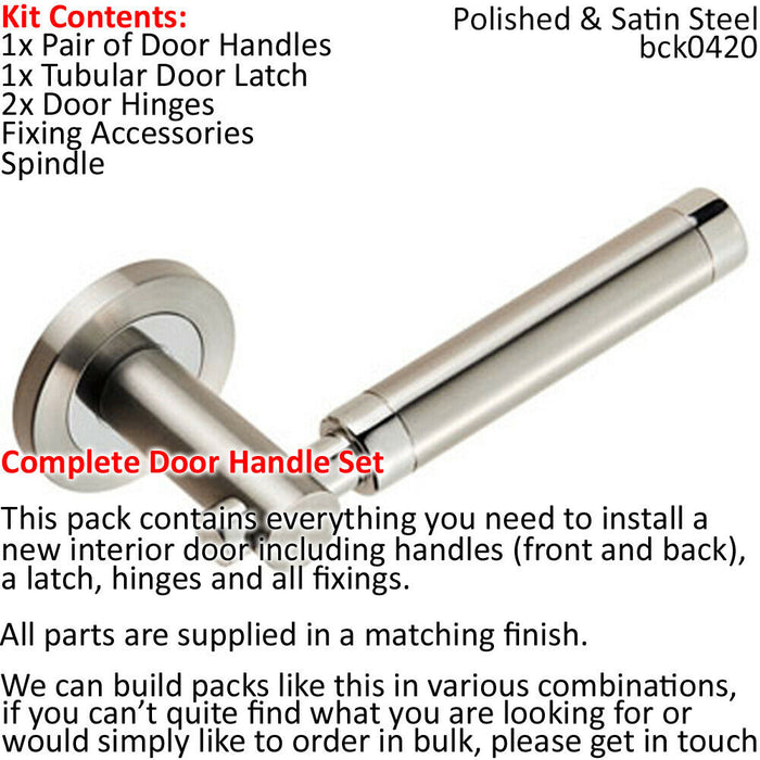 Door Handle & Latch Pack Polished & Satin Steel Mounted Bar Screwless Rose Loops