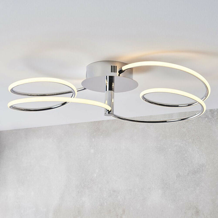 LED Semi Flush Ceiling Light 32W Warm White Chrome Infinity Hoop Strip Feature Loops