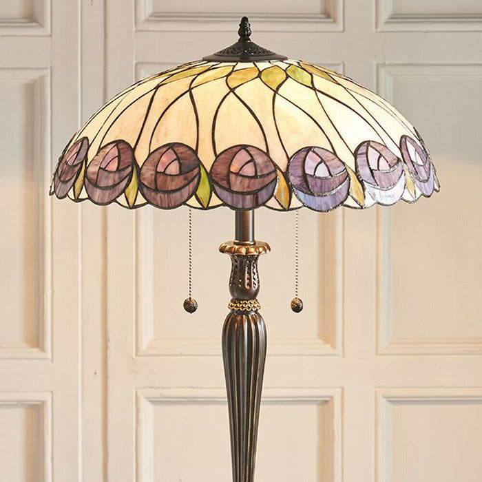 Tiffany Glass Floor Lamp - Mackintosh Style Rose - Dark Bronze Finish - LED Lamp Loops