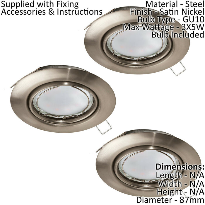 2 PACK 3 PACK Flush Ceiling Downlight Satin Nickel Steel 3x 5W GU10 Bulb Loops