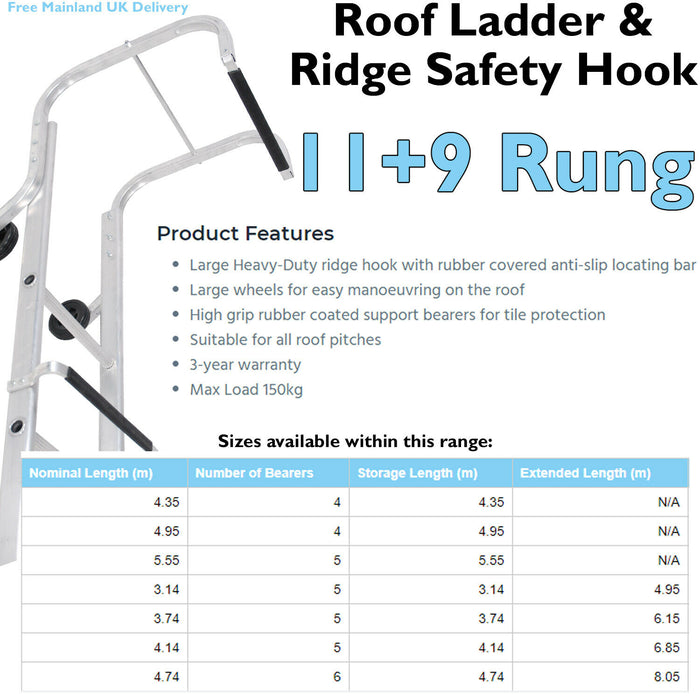 11 + 9 Rung Roof Ladder & Ridge Safety Hook Double Section 4.8m MAX Grip Steps Loops