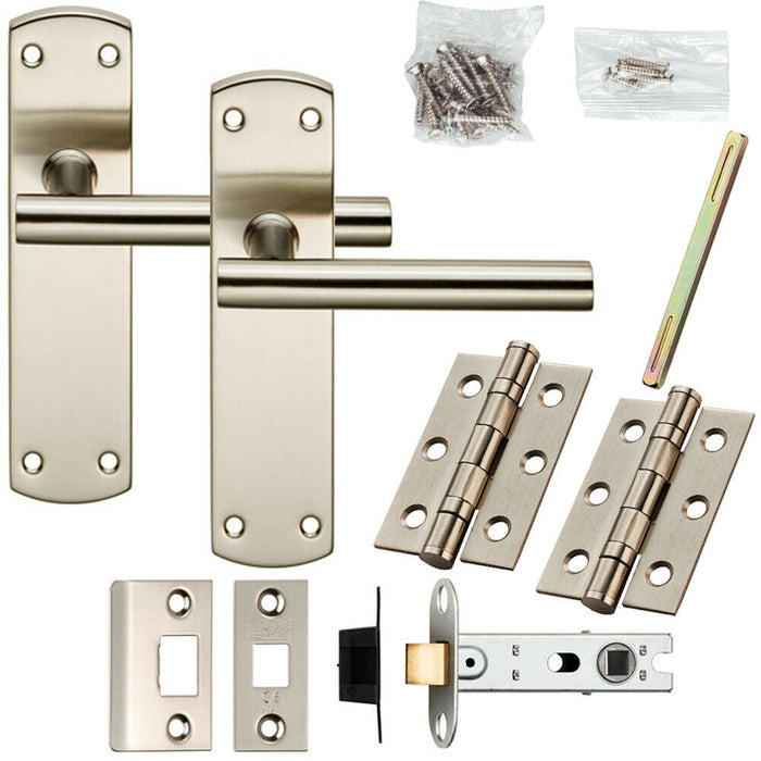 Door Handle & Latch Pack Satin Nickel Modern Mitred T Bar on Round Backplate Loops