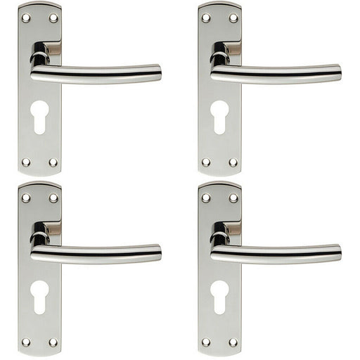 4x Curved Bar Lever Door Handle on Euro Lock Backplate 172 x 44mm Polished Steel Loops