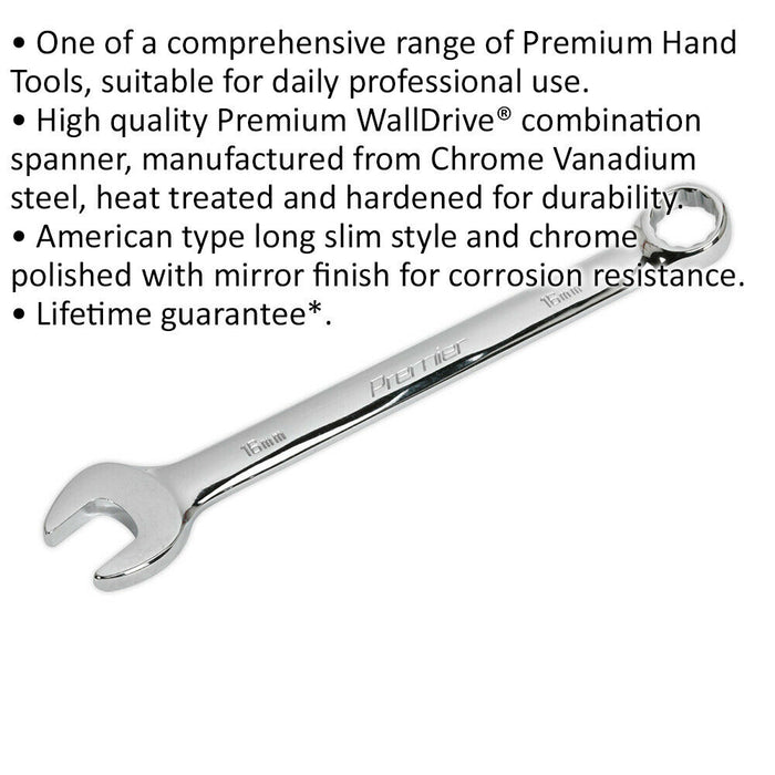 16mm Steel Combination Spanner - Long Slim Design Combo Wrench - Chrome Vanadium Loops