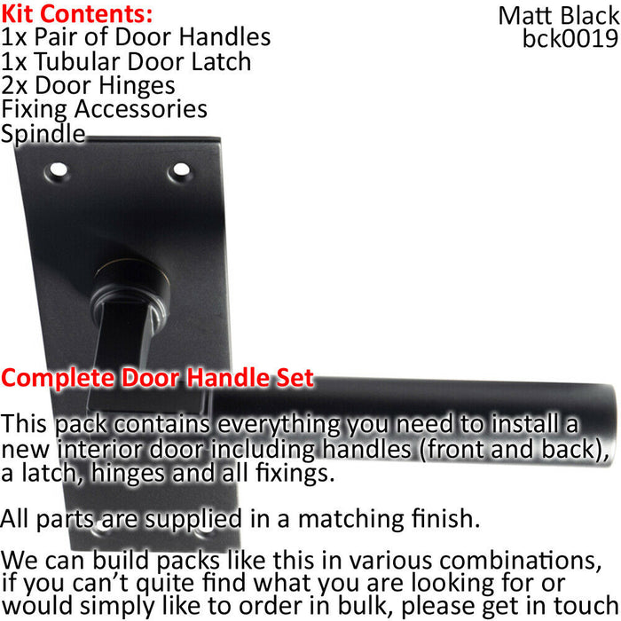Door Handle & Latch Pack Matt Black Straight Round Bar Lever Slim Backplate Loops