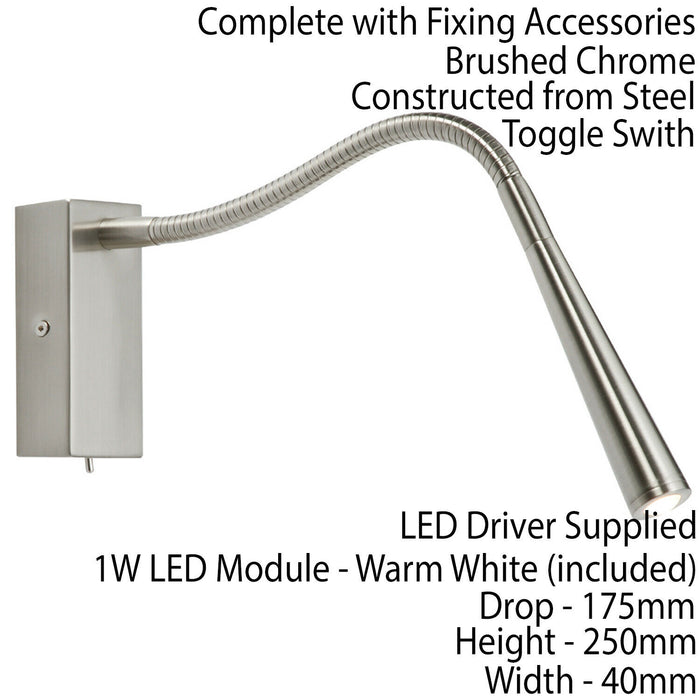 Adjustable LED Wall Light Warm White Brushed Chrome Flexible Bedside Task Lamp Loops