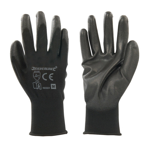 MEDIUM Black Gloves 13 Gauge Knitted & Poly Coated Palms & Fingers Open Back Loops