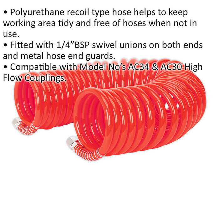 PU Coiled Air Hose with 1/4 Inch BSP Unions - 10 Metre Length - 8mm Bore Loops