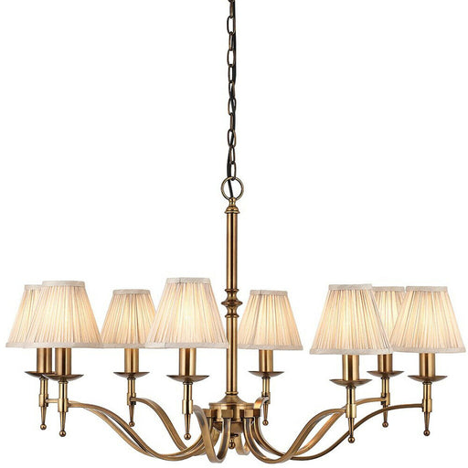 Avery Ceiling Pendant Chandelier Light 8 Lamp Antique Brass & Beige Pleat Shade Loops