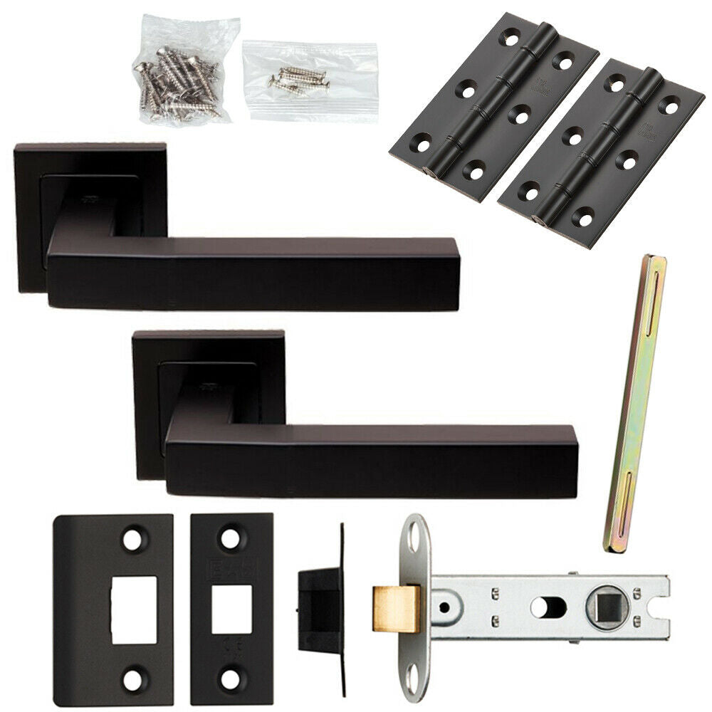 Door Handle & Latch Pack Matt Black Cube Straight Lever Screwless Square Rose Loops