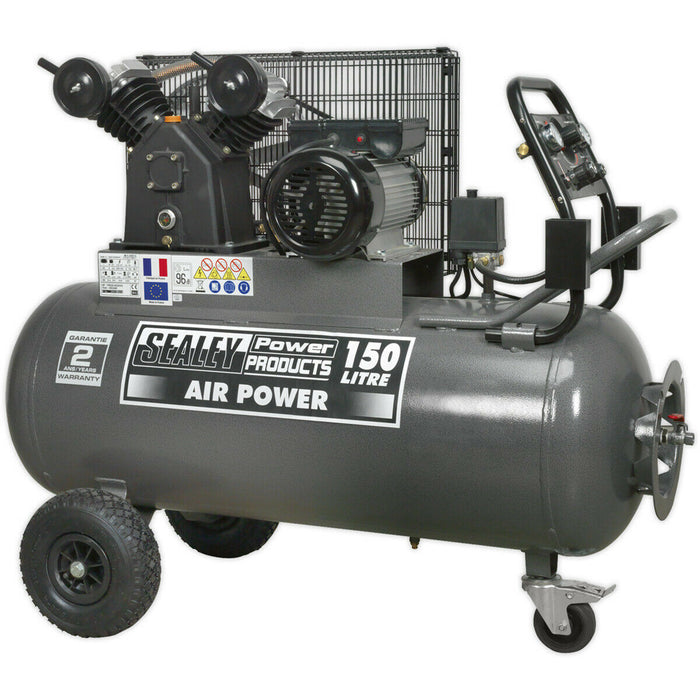 150 Litre Belt Drive Air Compressor - Front Control Panel - 3hp Electric Motor Loops