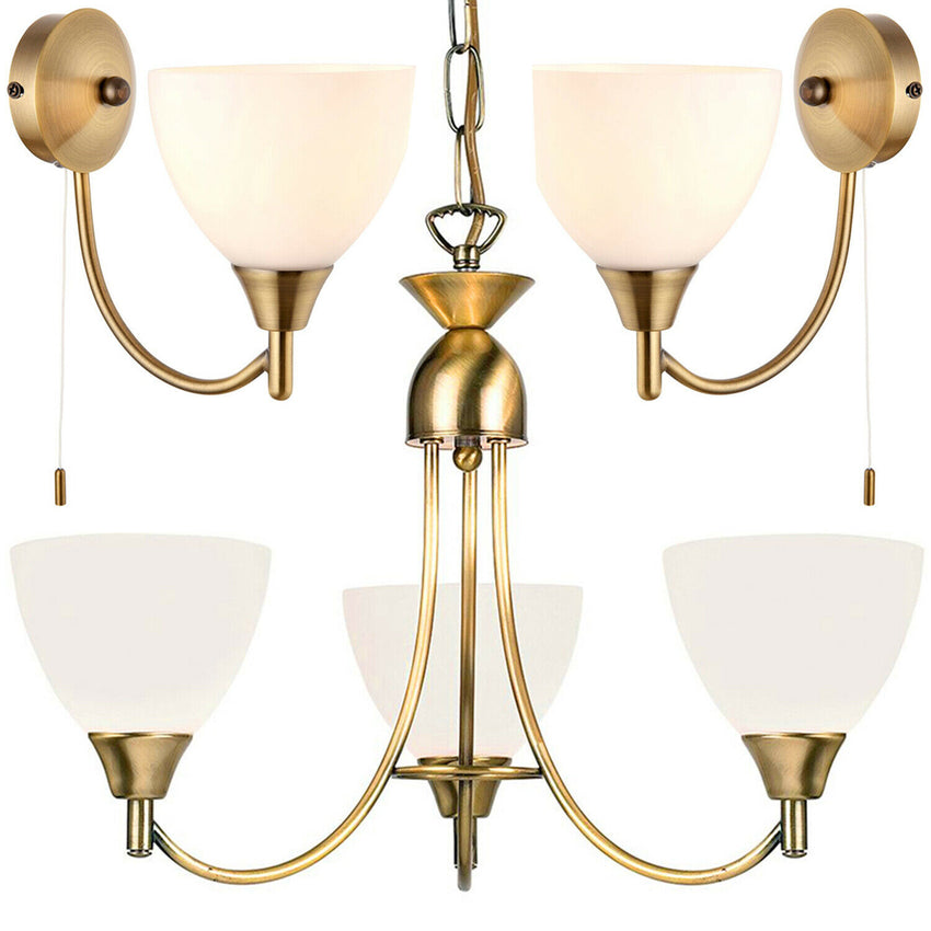 3 Lamp Ceiling & 2x Wall Light Pack Antique Brass Glass Matching Indoor Fittings