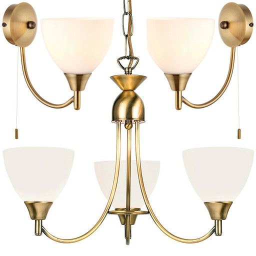 3 Lamp Ceiling & 2x Wall Light Pack Antique Brass Glass Matching Indoor Fittings Loops