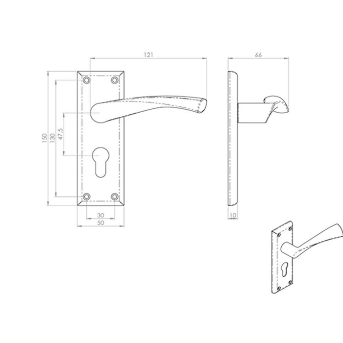 PAIR Angular Lever on Euro Lock Backplate Handle 150 x 50mm Satin Nickel Loops