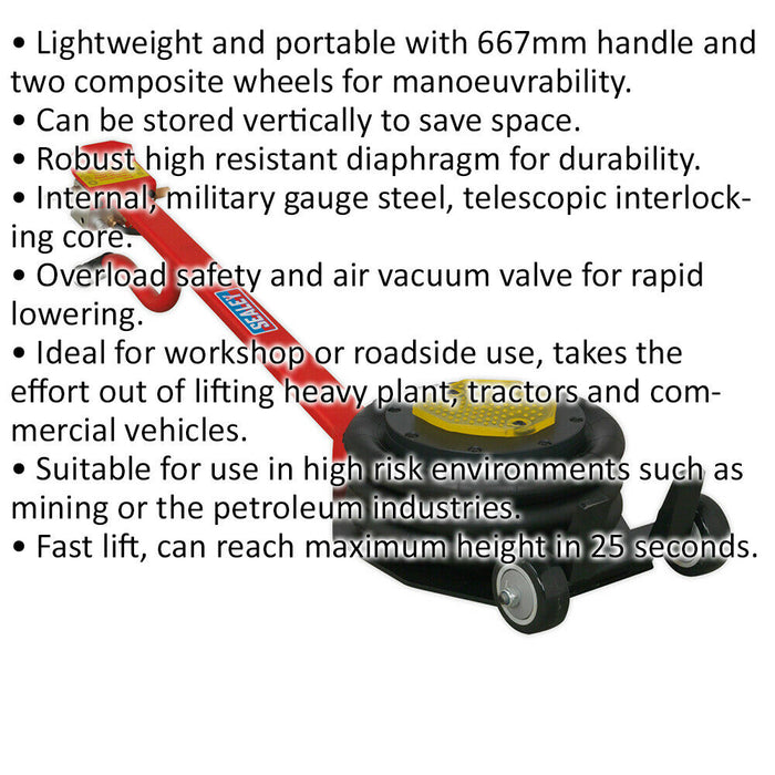 3 Tonne Air Operated Fast Jack - Three Stage Lift - Long Handle & Wheels Loops