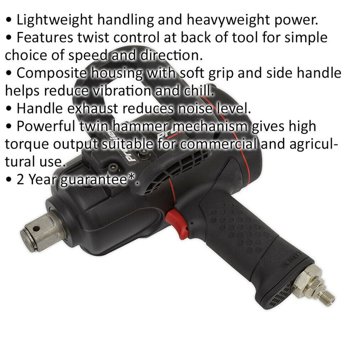 1 Inch Sq Drive Composite Air Impact Wrench - Twin Hammer - Side Handle Loops