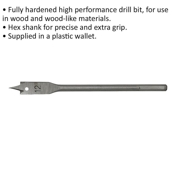 12 x 152mm Fully Hardened Wood Drill Bit - Hex Shank - High Performance Woodwork Loops