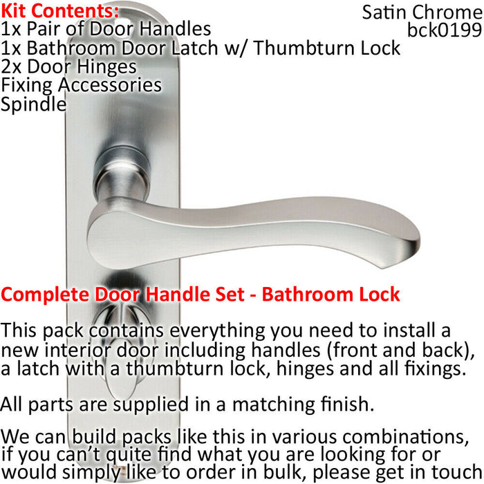 Door Handle & Bathroom Lock Pack Satin Chrome Scroll Lever Thumb Turn Backplate Loops