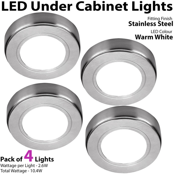 4x 2.6W LED Kitchen Cabinet Surface Spot Lights & Driver Kit Steel Warm White Loops