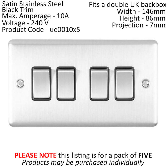 5 PACK 4 Gang Quad Metal Light Switch SATIN STEEL 2 Way 10A Black Trim Loops