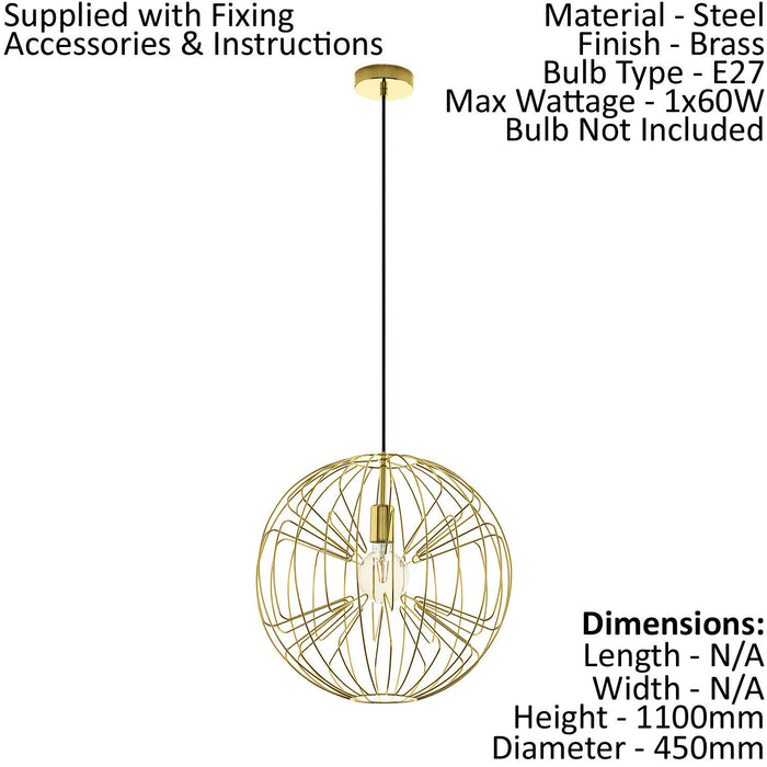 Pendant Ceiling Light Colour Brass Shade Circular Open Wire Frame Bulb E27 1x60W Loops