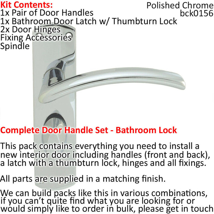Door Handle & Bathroom Lock Pack Chrome Arched Lever Thumb Turn Backplate Loops