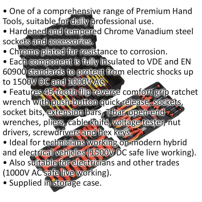 49pc VDE Insulated 1/2" Socket Tool Kit - 1500V DC 60900 - Ratchet Spanner Drive Loops