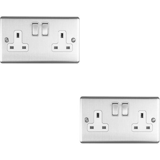 2 PACK 2 Gang Double UK Plug Socket SATIN STEEL & White 13A Switched Outlet Loops