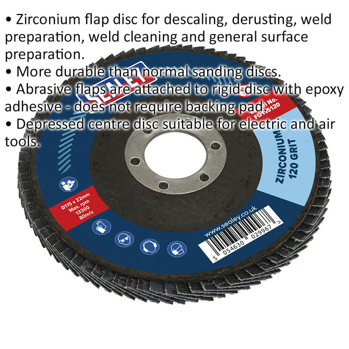 115mm Zirconium Flap Disc - 22mm Bore - Depressed Centre Disc - 120 Grit Loops
