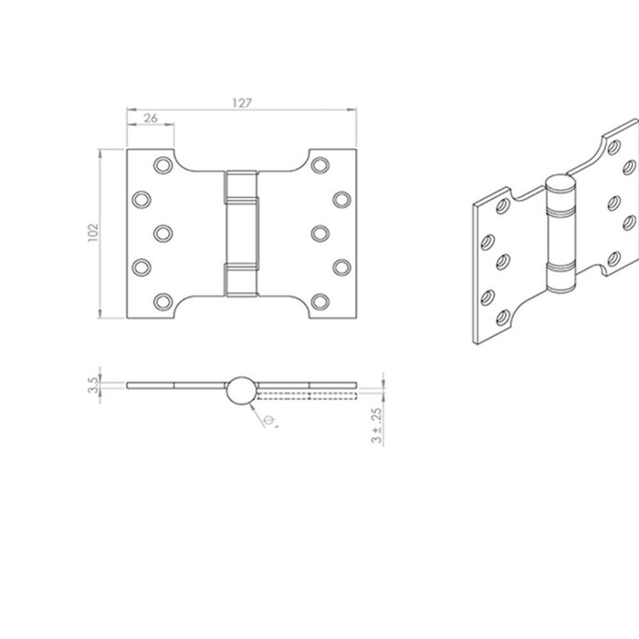 2x PAIR 101.6 x 127 x 3mm Parliament Hinge Satin Stainless Steel Internal Door Loops