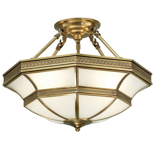 Luxury Semi Flush Ceiling Light Antique Brass Frosted Glass Traditional Feature Loops