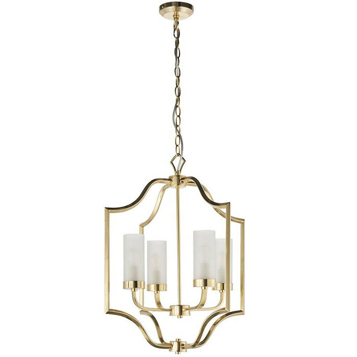 Hanging Ceiling Pendant Light Satin Brass & Frosted Glass 4 Bulb Classic Feature Loops
