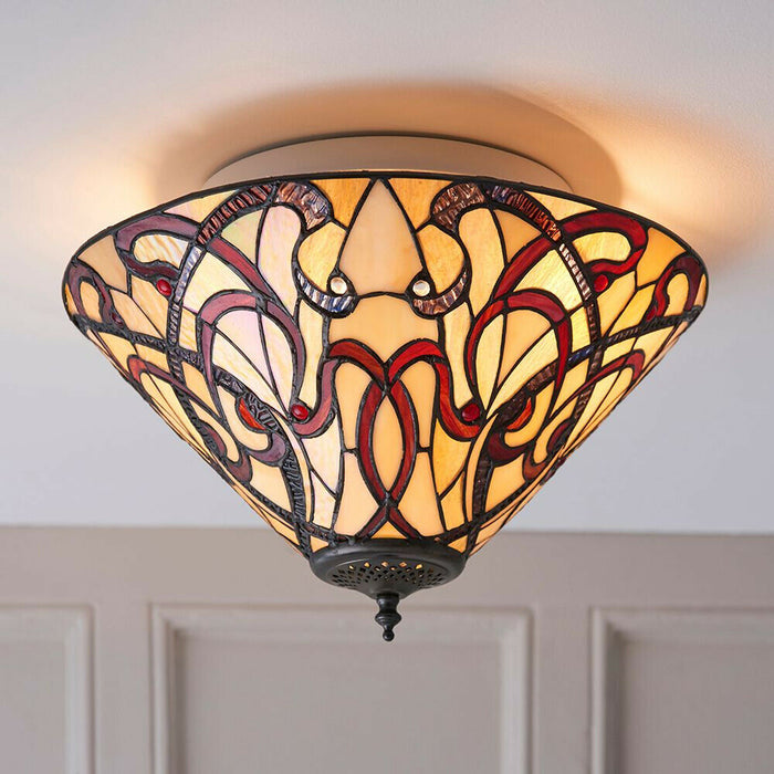 Tiffany Glass Flush Ceiling Light - Dimmable LED Lamp - 2 x 60W E27 GLS Required Loops
