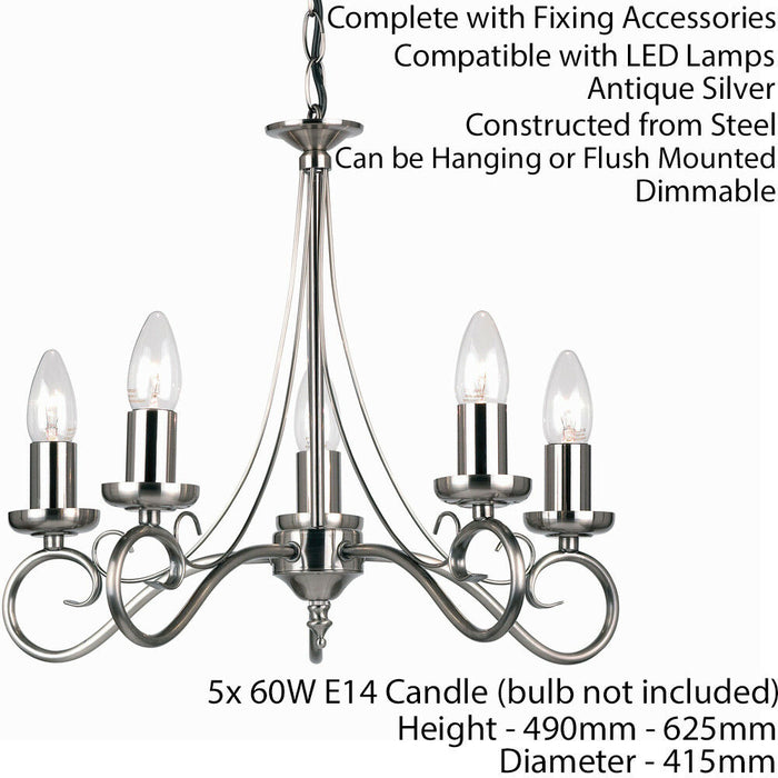 Hanging Flush Ceiling Pendant 5 Light ANTIQUE SILVER Chandelier Lamp Bulb Holder Loops