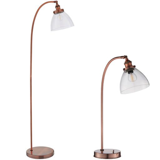 Standing Floor & Table Lamp Set Aged Copper Glass Shade Retro Industrial Light Loops