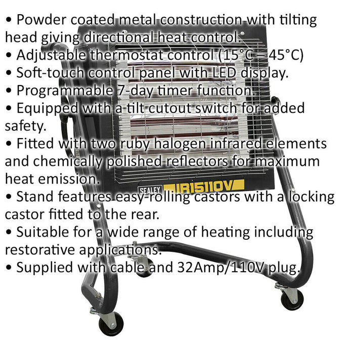 Infrared Halogen Heater - 1200 / 2400W - 7 Day Timer - Thermostat Control - 110V Loops