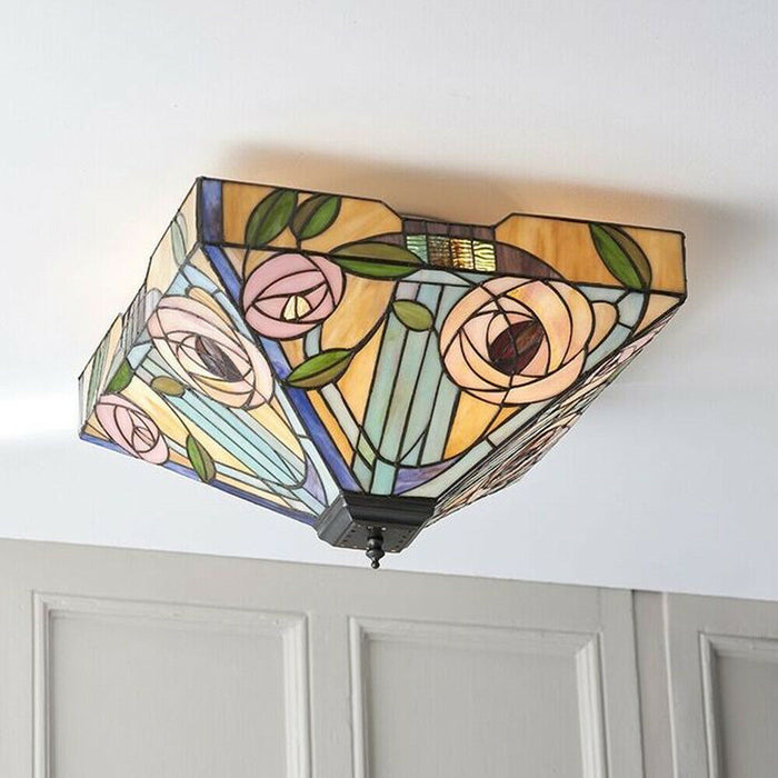 Tiffany Glass Semi Flush Ceiling Light Pink Rose Inverted Square Shade i00062 Loops