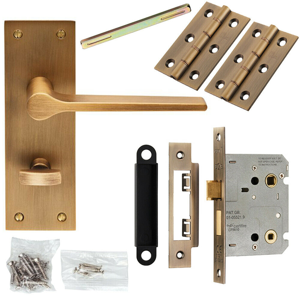 Door Handle & Bathroom Lock Pack Antique Brass Flat Lever Thumb Turn Backplate Loops