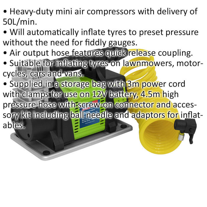 HEAVY DUTY Digital 12V Car Tyre Inflator / Mini Air Compressor - 100PSI Max Pump Loops