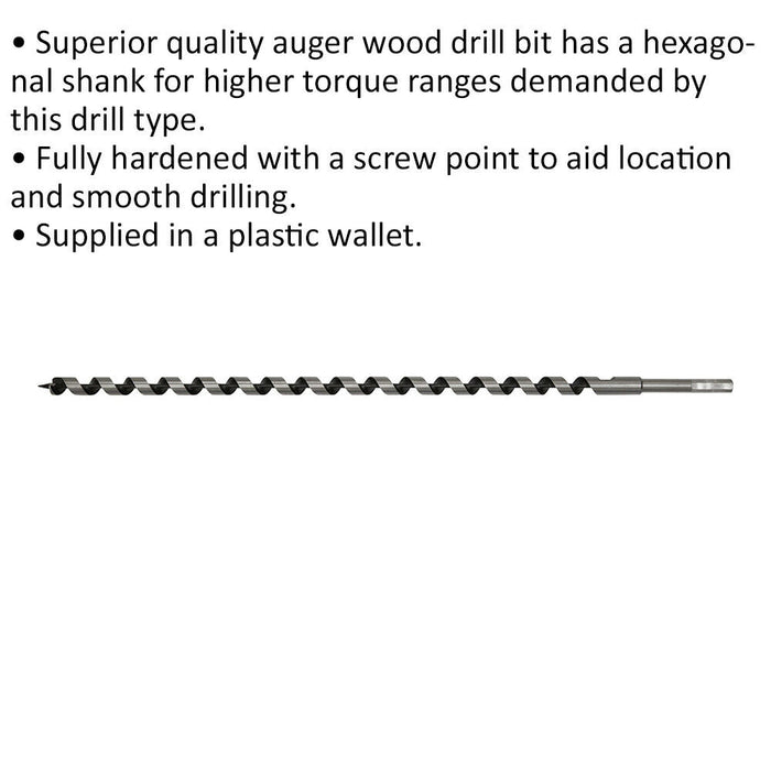 14 x 600mm Hardened Auger Wood Drill Bit - Hexagonal Shank - Woodwork Timber Loops