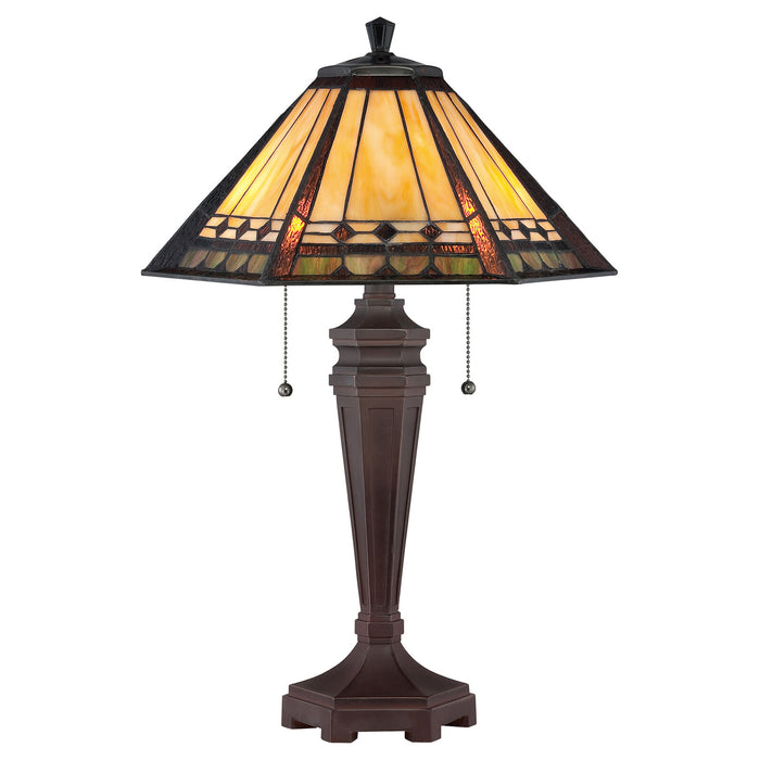 2 Bulb Table Lamp Tiffany Coloured Glass Metal Base Bronze Patina LED E27 60W Loops