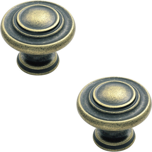 2x Round Ringed Pattern Door Knob 32mm Diameter Antique Brass Cabinet Handle Loops