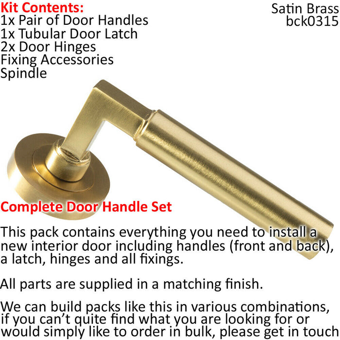 Door Handle & Latch Pack Satin Brass Straight Round Lever Screwless Round Rose Loops