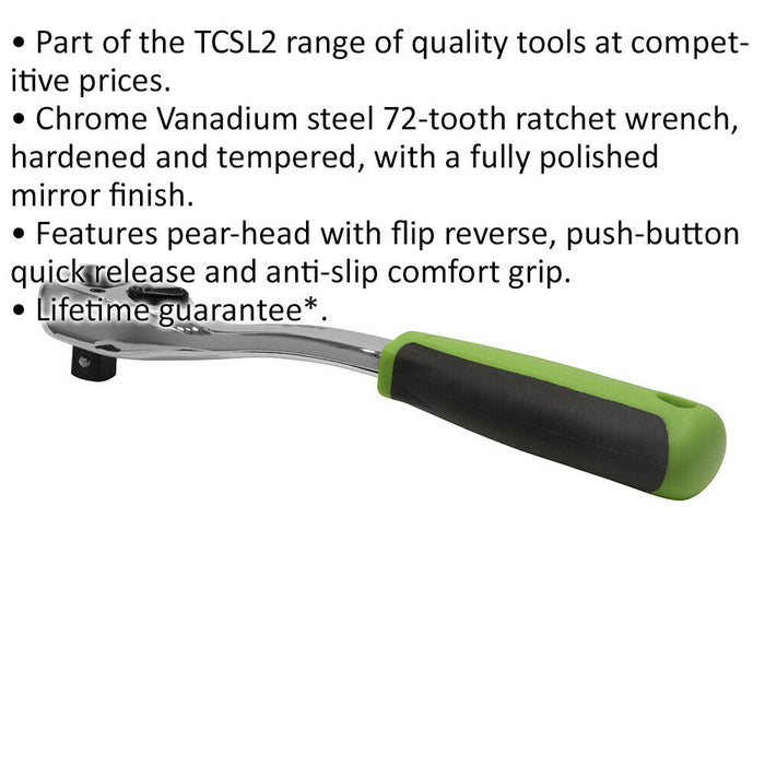 72-Tooth Offset Flip Reverse Ratchet Wrench - 1/2 Inch Sq Drive - Pear Head Loops