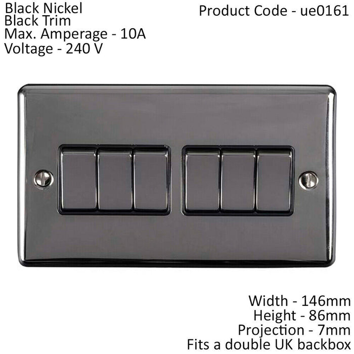 6 Gang Multi Light Switch BLACK NICKEL 2 Way 10A Black Trim & Metal Rocker Loops