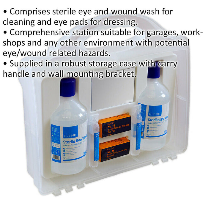 Sterile Eye & Wound Washing Station - 2 x 500ml Sterile Wash - Wall Bracket Loops
