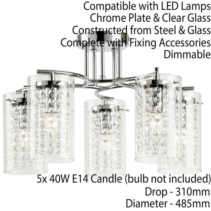 Semi Flush Ceiling Light Chrome Glass Drops 5 Bulb Hanging Pendant Lamp Shade Loops