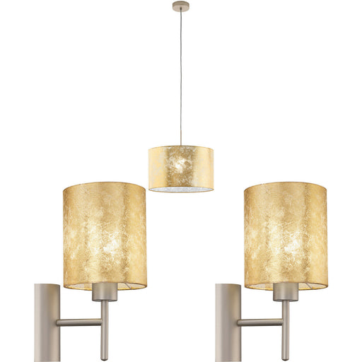 Ceiling Pendant Light & 2x Matching Wall Lights Champagne & Gold Fabric Shade Loops