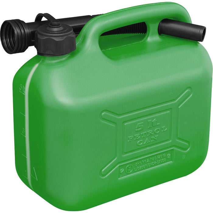 5 Litre Plastic Fuel Can -  Safety Screw Lock Cap - Flexible Spout - Green Loops