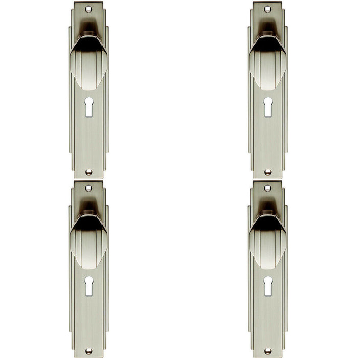 4x PAIR Line Detailed Door Knob on Lock Backplate 205 x 45mm Satin Nickel Loops